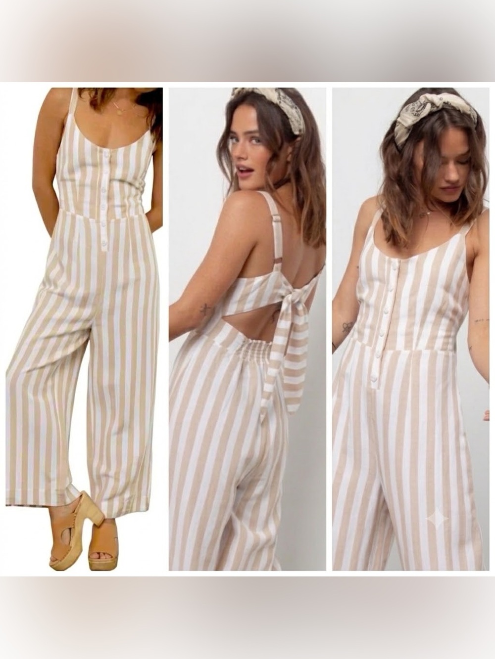 Rails Teresa Linen Blend Striped Wide Leg TieBack Cutout Jumpsuit TanWhite Large
